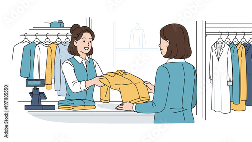 Helpful shop assistant hands a newly purchased yellow shirt to a customer in a modern and well-organized clothing store.
