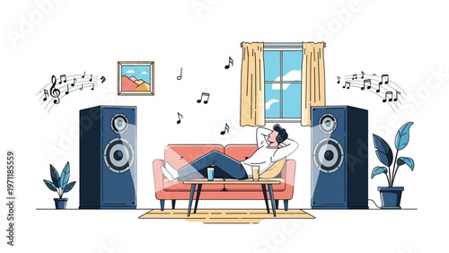Man relaxing comfortably on a sofa at home while listening to high-quality music from large stereo floor speakers.