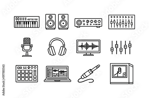 Music production studio: MIDI keyboard, studio monitor speakers, audio interface, mixing console, microphone, headphones, waveform screen, equalizer