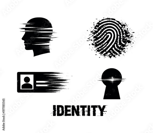 Digital identity and access control theme, a set of four glitch-distorted monochrome objects placed on a perfectly clean white background