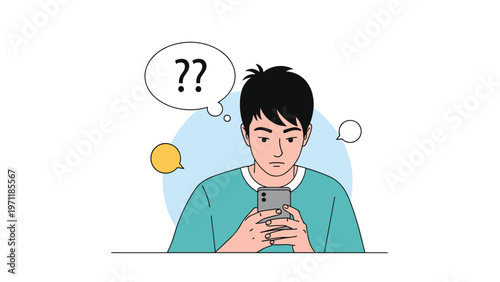 Young man looking at his mobile phone screen with puzzled expression and question marks in speech bubbles above.