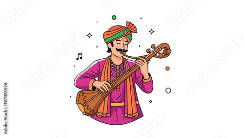 Traditional Indian musician wearing a turban and ethnic clothing while playing a classic stringed sitar instrument.