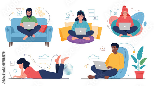 Collection of diverse people working on laptops in various relaxed sitting positions for remote work and education.