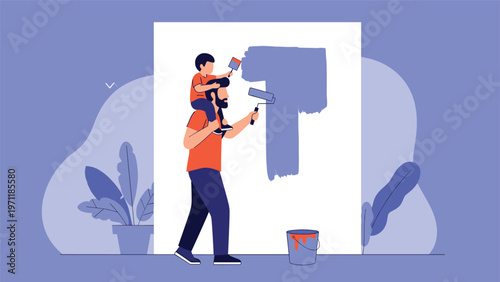 Happy father carrying his young son on his shoulders while they both paint a large room wall with blue paint rollers.