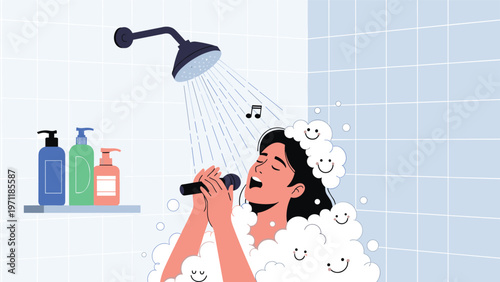 Cheerful woman singing enthusiastically into a shower head as a microphone while covered in happy soap bubbles.