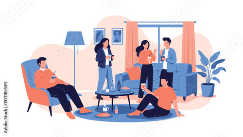 Group of young friends enjoying a casual social gathering in a cozy living room while talking and drinking beverages.