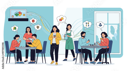 People enjoying board games and card games at tables in a community center or social club with speech bubbles above.