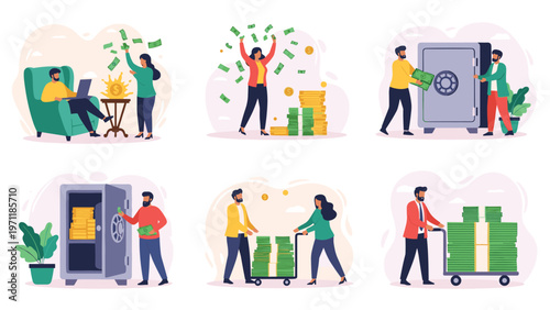 Diverse characters managing their personal finances by saving money in heavy metal safes and investing in gold for future wealth.