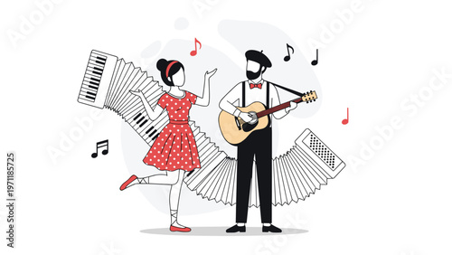 Enthusiastic musical couple performing with an acoustic guitar and a piano accordion while dancing together in retro style outfits.