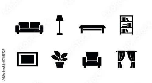 Interior design: sofa, floor lamp, coffee table, bookshelf, wall picture frame, indoor plant, armchair, curtain