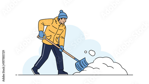 Young man dressed in warm winter clothing using a blue plastic shovel to clear a large pile of white snow from a suburban driveway.