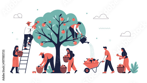 Hardworking group of people harvesting ripe red apples in a lush orchard using ladders, baskets, and wheelbarrows.