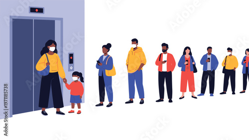 Diverse group of people wearing protective face masks while waiting in a socially distanced queue to enter a modern office elevator.