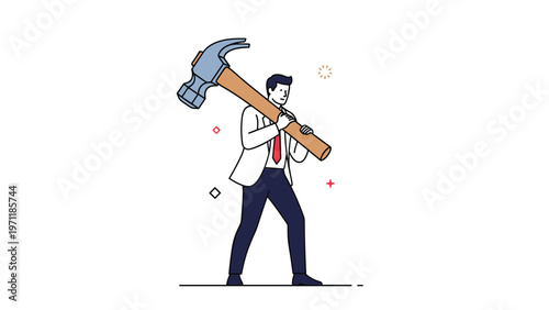 Strong businessman in a formal suit carrying a giant heavy sledgehammer on his shoulder to represent professional power and impact.