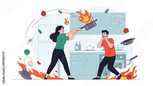 Dangerous domestic kitchen fire situation where a woman tries to extinguish flames in a pan as a man reacts with panic and fear.