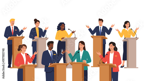 Diverse group of political candidates speaking at wooden podiums with microphones during a televised public debate or conference.