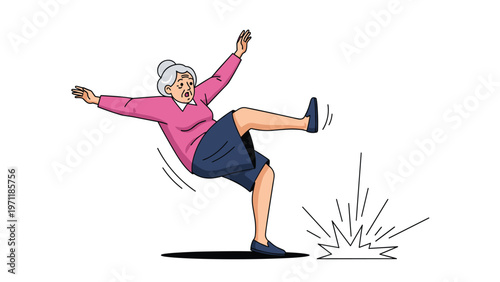 Elderly woman in a pink sweater losing her balance and falling down on a slippery wet floor surface in a dangerous home accident.