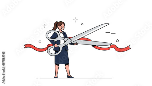 Successful businesswoman holding a giant pair of silver scissors while cutting a red ribbon at a celebratory grand opening event.