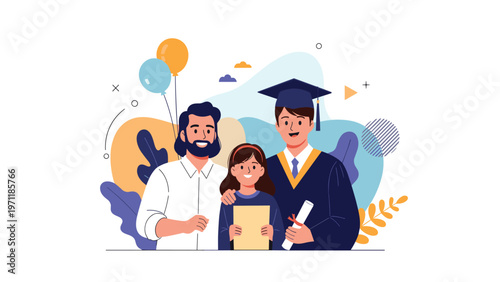 Proud parents celebrating a university graduation ceremony with their son wearing a traditional mortarboard cap and blue gown.
