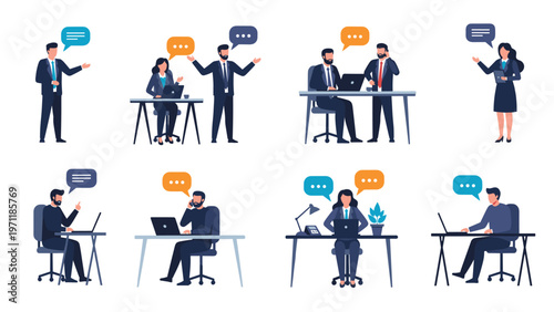 Professional office workers engaged in different business tasks like calling clients and working on modern laptop computers at desks.