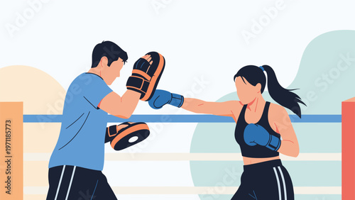 Female athlete practicing boxing techniques in a ring with a male trainer wearing focus pads for a professional combat workout.