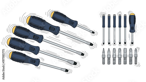 Comprehensive set of various manual screwdrivers and metallic drill bits used for home repair and professional diy construction.