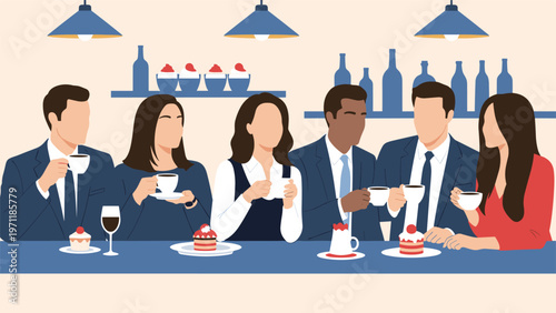 Group of diverse business colleagues enjoying a coffee break with delicious cakes at a bar in a social office space.