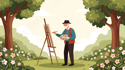 Senior male artist wearing a brown fedora and glasses painting on a wooden easel in a beautiful garden filled with summer flowers.