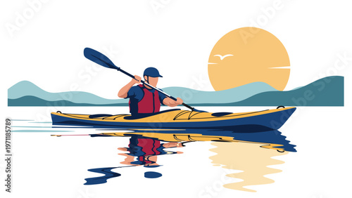 Adventurous man wearing a life jacket kayaking on a peaceful mountain lake during a scenic sunset outdoor recreation activity.