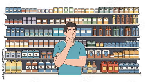 Thoughtful male customer standing in a grocery store aisle while trying to choose between many different canned food options.