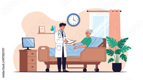 Professional doctor in a white coat checking on an elderly female patient lying in a hospital bed during medical rounds at a clinic.
