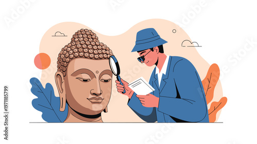 Specialist researcher using a magnifying glass to carefully examine a large historical Buddha head statue antique artifact.
