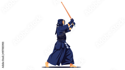 Kendo practitioner in traditional armor and helmet performing a strike with shinai bamboo sword in a martial arts pose.