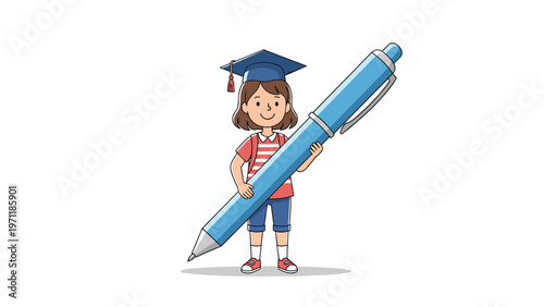 Small schoolgirl wearing a graduation cap and holding a giant blue ballpoint pen symbolizing education and creativity.