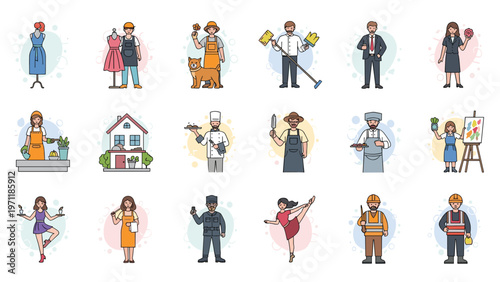 Diverse set of characters representing different professions including doctors chefs artists builders and office workers.