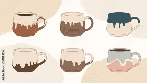 Collection of handcrafted ceramic mugs with different earth-toned glazes and rustic textures for coffee and tea lovers.