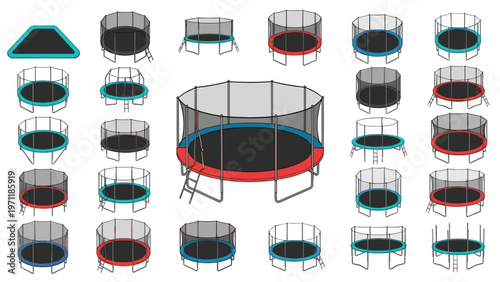 Comprehensive collection of various backyard trampolines in different sizes and shapes featuring safety enclosures.