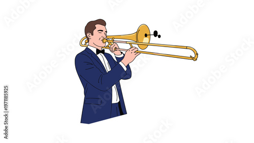 Professional male musician in a classic tuxedo and bow tie playing a golden brass trombone with passion and skill.