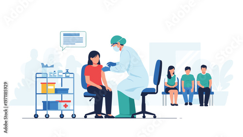 Professional nurse in medical scrubs and mask giving a vaccine shot to a female patient in a busy hospital clinic.