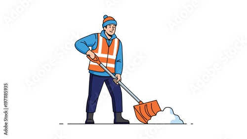 Worker in orange high visibility safety vest and warm winter clothes shoveling a pile of white snow from a sidewalk.