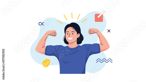 Confident young woman flexes her arm muscles to show strength and fitness achievement against a colorful background.