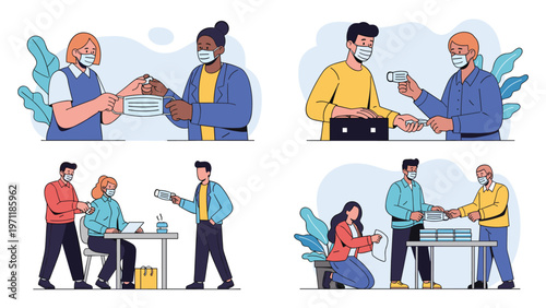 Multiple scenes showing people responsibly exchanging face masks and performing temperature checks for health and safety.