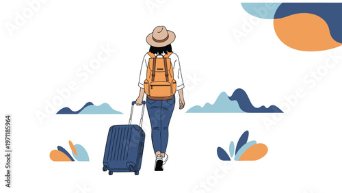 Young female traveler from behind wearing a backpack and pulling a suitcase while walking towards distant mountains.