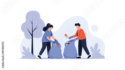 Two volunteers working together to pick up plastic bottles and litter in a park to protect the environment and nature.