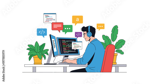 Young software developer with headphones working on code using multiple computer monitors at a modern office desk.