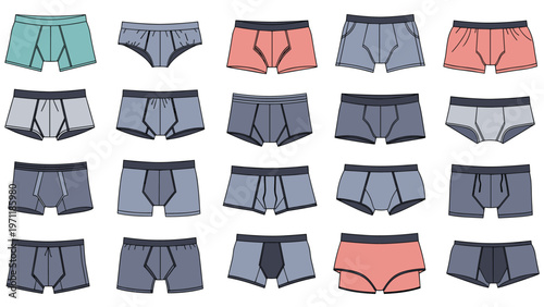 Large collection of men's underwear including boxers briefs and trunks in different colors and patterns for retail choice.
