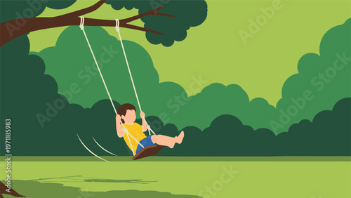 Young boy enjoys a carefree moment swinging on a wooden seat attached to a large green tree in a lush park under a summer sky.