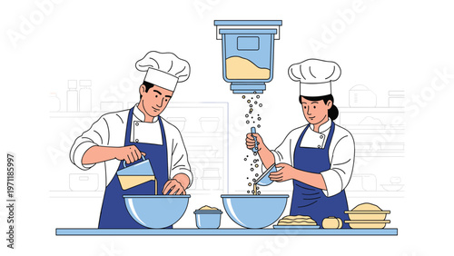 Professional male and female chefs work together in a bakery kitchen pouring ingredients into large mixing bowls to prepare fresh food.