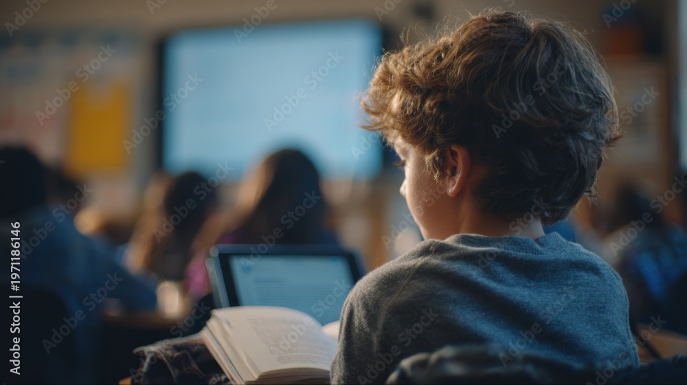 Fototapeta premium Medium frame capturing a boy reading a passage aloud a nearby AI screen analyzing pronunciation in real time with colorful phonetic cues the rest of the classroom gently blurred to