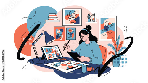 Creative digital artist uses a tablet and stylus to work on illustrations at a desk surrounded by art and professional equipment.